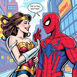 A playful comic book style image of Wonder Woman and Spider-Man sharing a lighthearted moment, set in a vibrant city