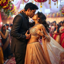 Sensual depiction of Nushrat Bharucha in a beautifully flowing low-waist chiffon lehenga, in the act of removing her choli to reveal her enticing cleavage and navel