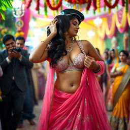 Sensual depiction of Nushrat Bharucha in a beautifully flowing low-waist chiffon lehenga, in the act of removing her choli to reveal her enticing cleavage and navel
