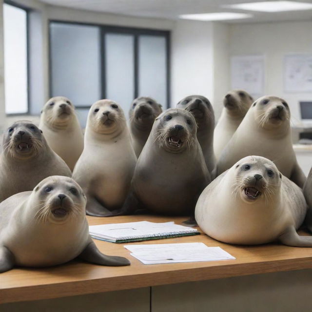 A lively group of seals seated around a desk, engrossed in a hilarious conversation in a bustling office environment.