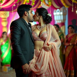 Sensual depiction of Nushrat Bharucha in a beautifully flowing low-waist chiffon lehenga, in the act of removing her choli to reveal her enticing cleavage and navel