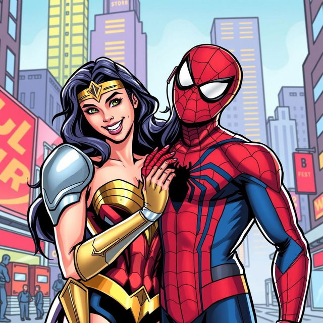 A playful and dynamic comic book style image featuring Wonder Woman and Spider-Man in a lighthearted, flirtatious interaction