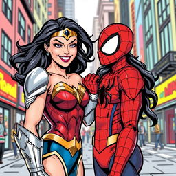 A playful and dynamic comic book style image featuring Wonder Woman and Spider-Man in a lighthearted, flirtatious interaction