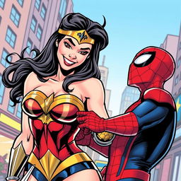 A playful and dynamic comic book style image featuring Wonder Woman and Spider-Man in a lighthearted, flirtatious interaction