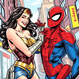 A playful and dynamic comic book style image featuring Wonder Woman and Spider-Man in a lighthearted, flirtatious interaction