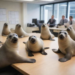 A lively group of seals seated around a desk, engrossed in a hilarious conversation in a bustling office environment.