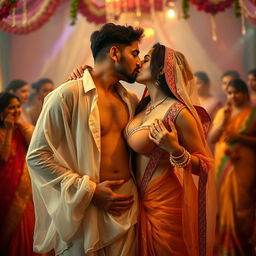 Sensual depiction of Nushrat Bharucha in a low waist chiffon transparent saree, as she removes her bikini top to reveal her alluring cleavage and navel