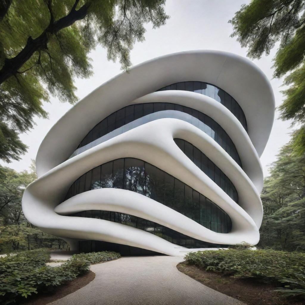 An image of a fluid-shaped structure influenced by the architectural styles of Zaha Hadid and Kuma Kengo. Think fluidity, organic forms, and integration with nature.