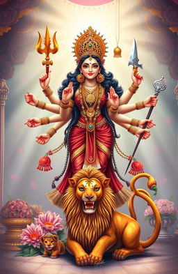 A beautifully detailed illustration of Goddess Durga, depicted as a fierce yet graceful figure with ten arms, each holding different traditional weapons