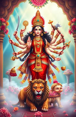 A beautifully detailed illustration of Goddess Durga, depicted as a fierce yet graceful figure with ten arms, each holding different traditional weapons