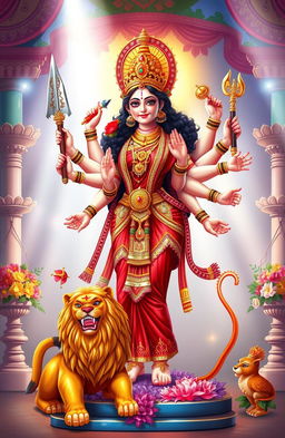 A beautifully detailed illustration of Goddess Durga, depicted as a fierce yet graceful figure with ten arms, each holding different traditional weapons