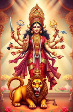 A beautifully detailed illustration of Goddess Durga, depicted as a fierce yet graceful figure with ten arms, each holding different traditional weapons