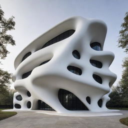 An image of a fluid-shaped structure influenced by the architectural styles of Zaha Hadid and Kuma Kengo. Think fluidity, organic forms, and integration with nature.