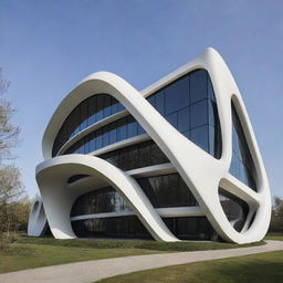 An image of a fluid-shaped structure influenced by the architectural styles of Zaha Hadid and Kuma Kengo. Think fluidity, organic forms, and integration with nature.