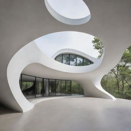 An image of a fluid-shaped structure influenced by the architectural styles of Zaha Hadid and Kuma Kengo. Think fluidity, organic forms, and integration with nature.