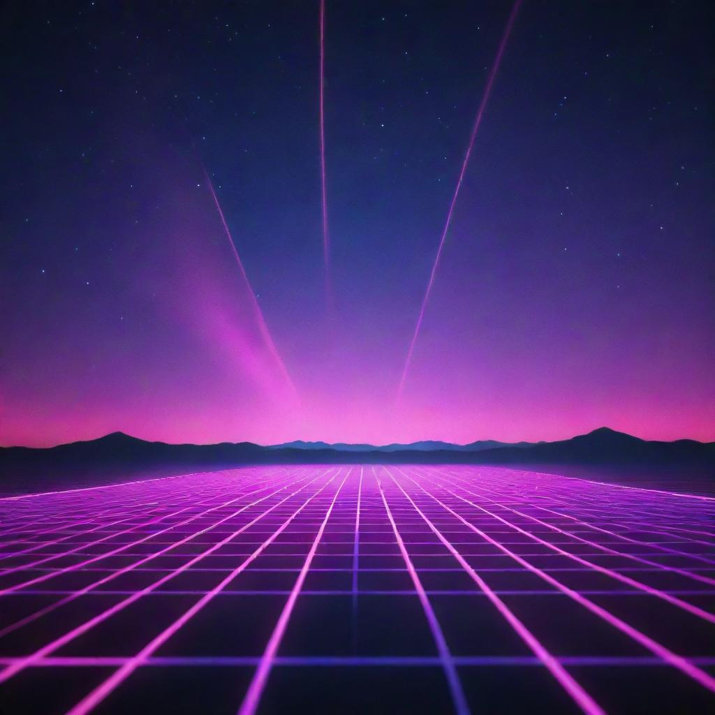 A synthwave-inspired background featuring a striking, neon-lit grid stretching towards a horizon beneath a star-filled night sky.