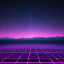 A synthwave-inspired background featuring a striking, neon-lit grid stretching towards a horizon beneath a star-filled night sky.