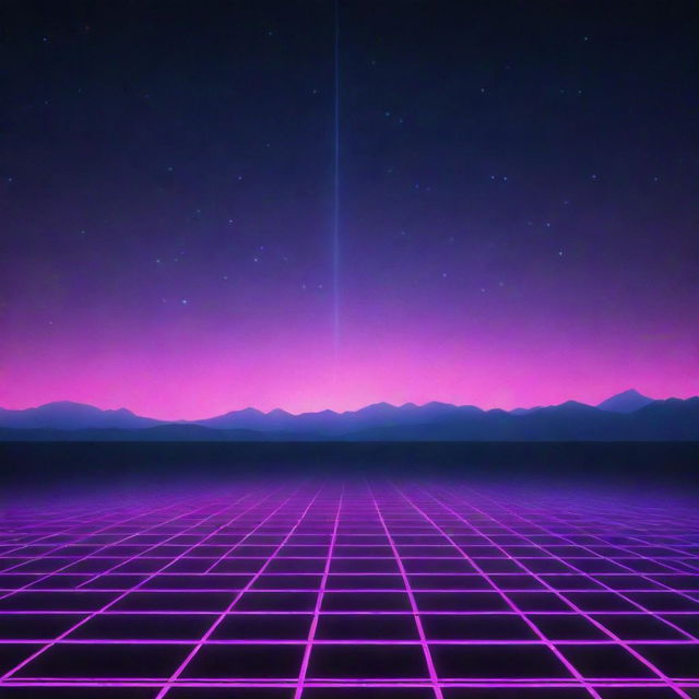 A synthwave-inspired background featuring a striking, neon-lit grid stretching towards a horizon beneath a star-filled night sky.