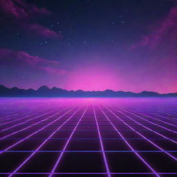 A synthwave-inspired background featuring a striking, neon-lit grid stretching towards a horizon beneath a star-filled night sky.