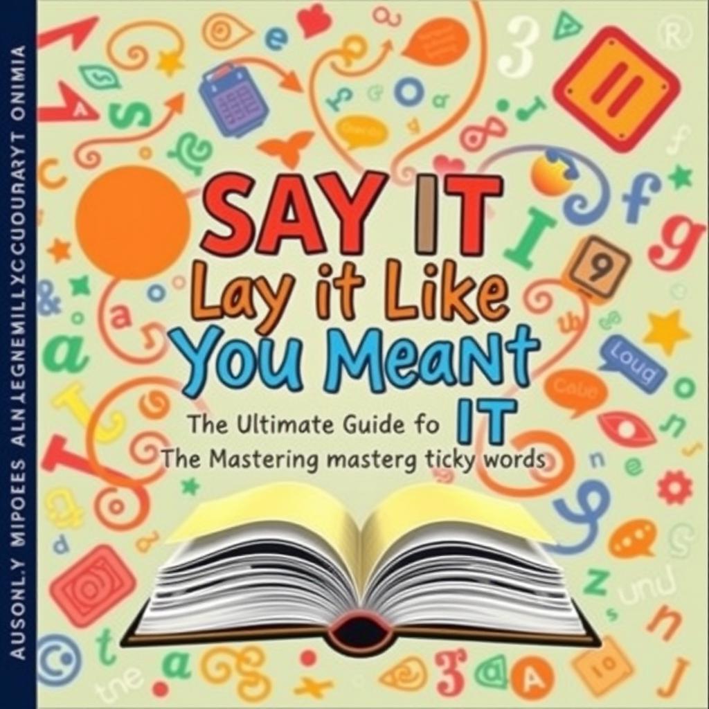 A captivating cover page design for a mini dictionary featuring the title "Say It Like You Mean It: The Ultimate Guide to Mastering Tricky Words"