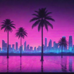 A synthwave-themed background with a radiant neon grid, majestic palm trees in the foreground and a luminous city skyline in the distance.