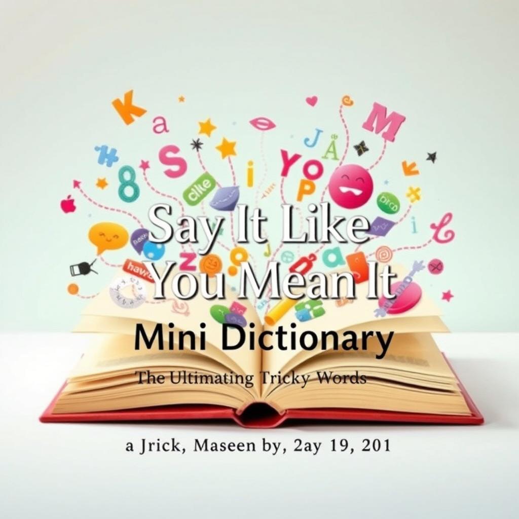 A creative and captivating cover page for a mini dictionary featuring the title "Say It Like You Mean It: The Ultimate Guide to Mastering Tricky Words"