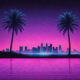 A synthwave-themed background with a radiant neon grid, majestic palm trees in the foreground and a luminous city skyline in the distance.