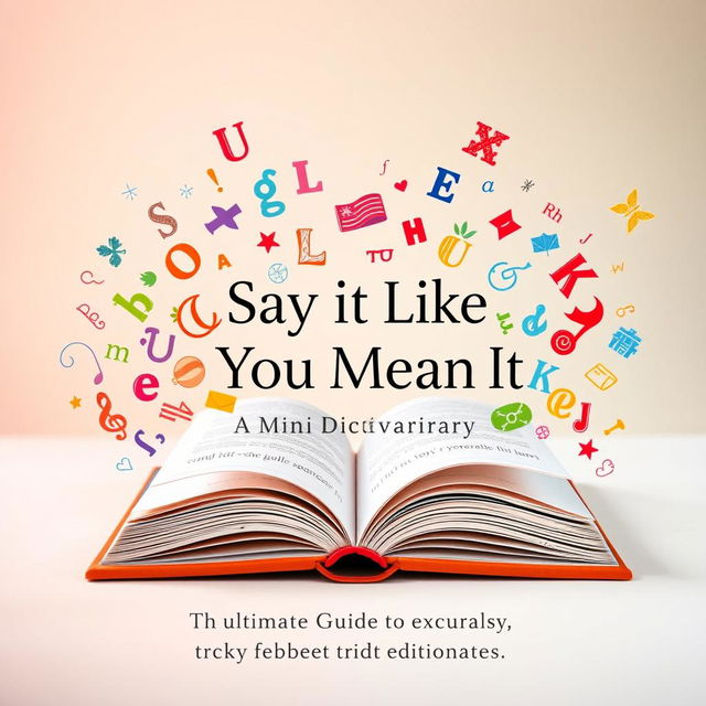 A creative and captivating cover page for a mini dictionary featuring the title "Say It Like You Mean It: The Ultimate Guide to Mastering Tricky Words"