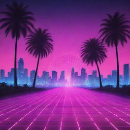 A synthwave-themed background with a radiant neon grid, majestic palm trees in the foreground and a luminous city skyline in the distance.