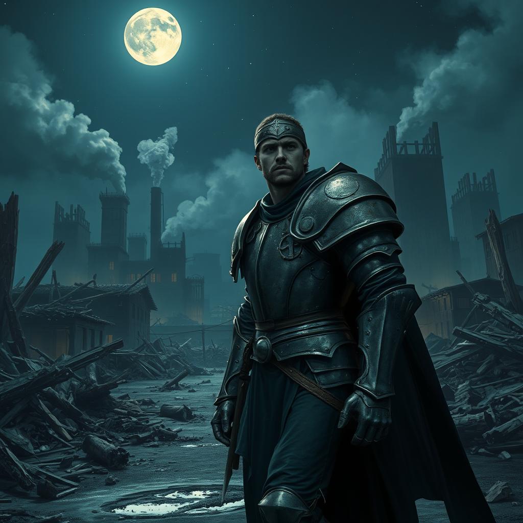 A knight with broken armor walking at night through a ruined city, with a background of a burnt wooden factory