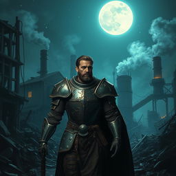A knight with broken armor walking at night through a ruined city, with a background of a burnt wooden factory