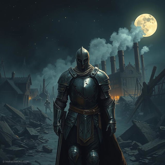 A knight with broken armor walking at night through a ruined city, with a background of a burnt wooden factory