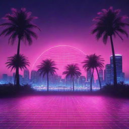 A synthwave-themed background with a radiant neon grid, majestic palm trees in the foreground and a luminous city skyline in the distance.