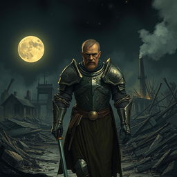 A knight with broken armor walking at night through a ruined city, with a background of a burnt wooden factory