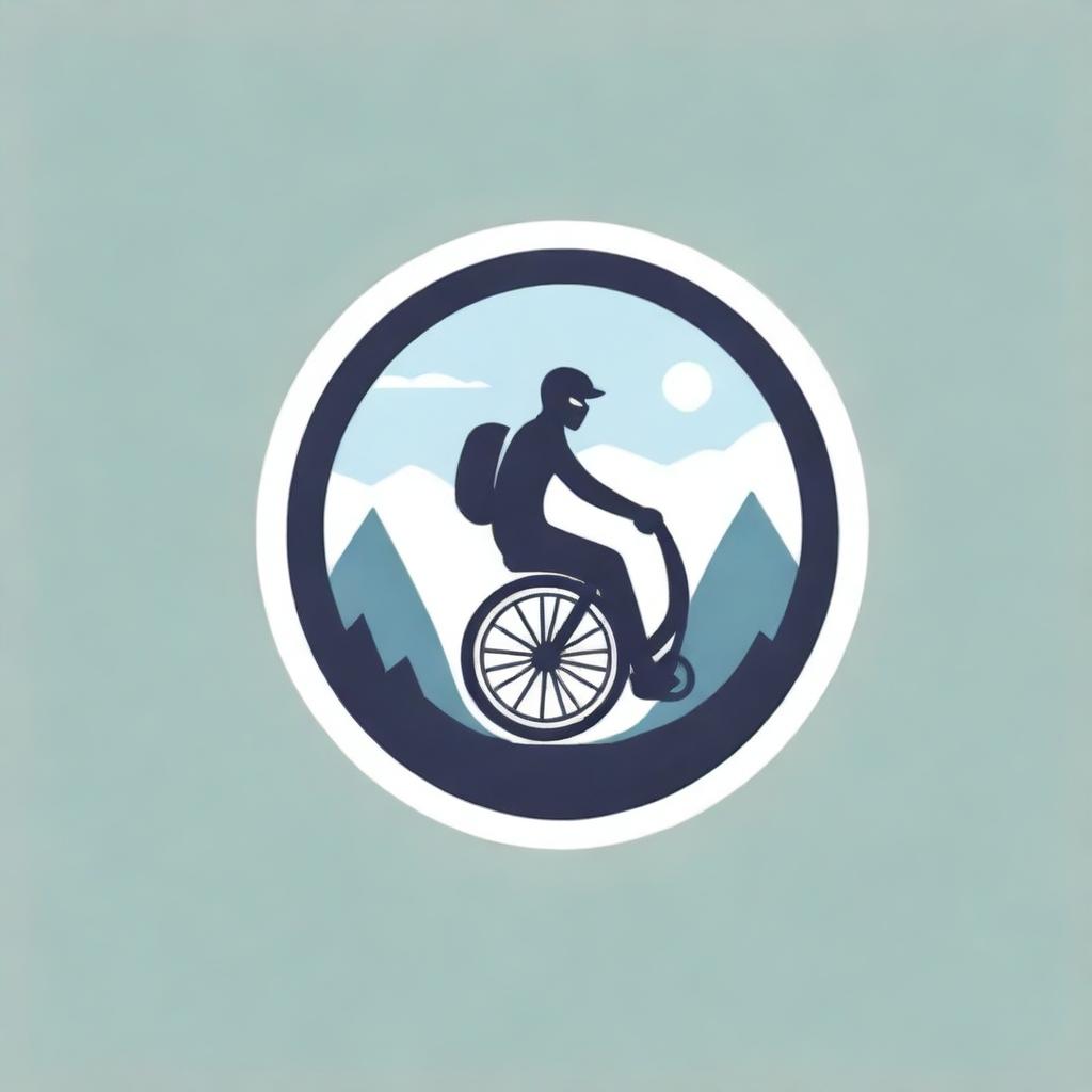 Design an urban-styled adventurous logo dedicated to a community of monowheel riders. Incorporate imagery of monowheels, cityscapes and elements of adventure.