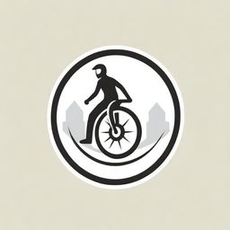 Design an urban-styled adventurous logo dedicated to a community of monowheel riders. Incorporate imagery of monowheels, cityscapes and elements of adventure.