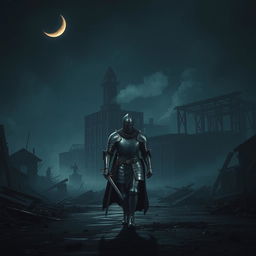A knight walking through a ruined city at night, the ambiance filled with an eerie stillness