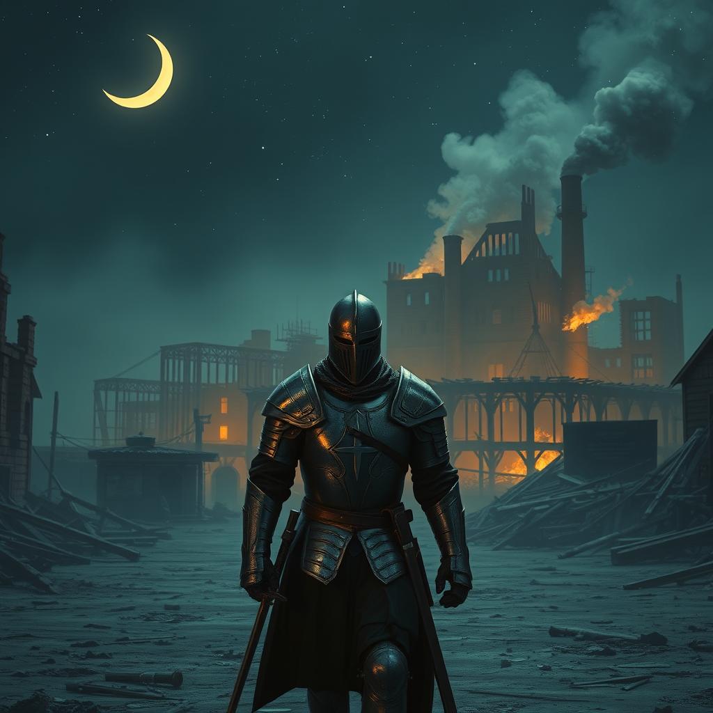 A knight walking through a ruined city at night, the ambiance filled with an eerie stillness