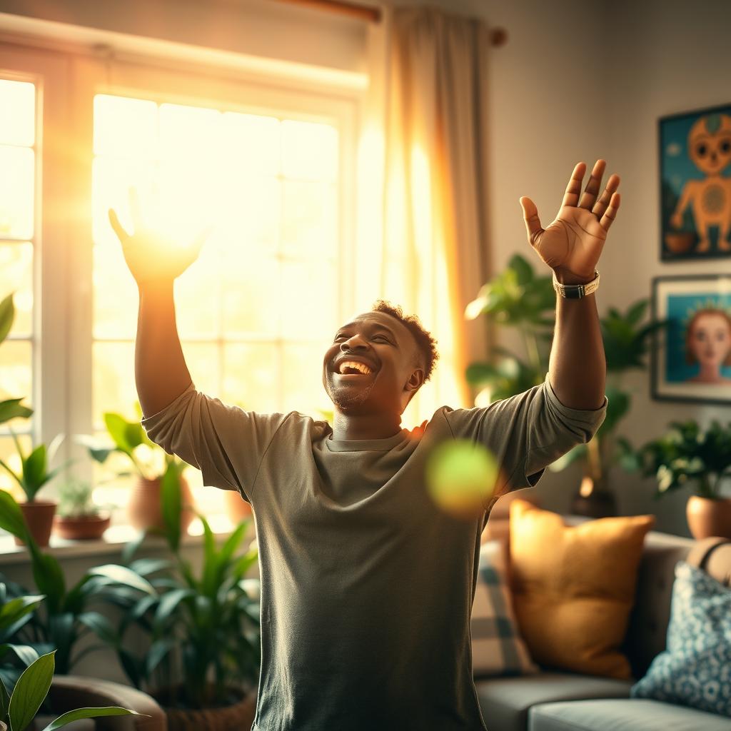 A person joyfully praising at home, surrounded by warm sunlight streaming through large windows