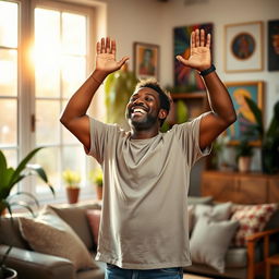 A person joyfully praising at home, surrounded by warm sunlight streaming through large windows