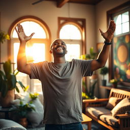 A person joyfully praising at home, surrounded by warm sunlight streaming through large windows
