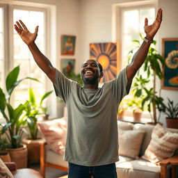 A person joyfully praising at home, surrounded by warm sunlight streaming through large windows