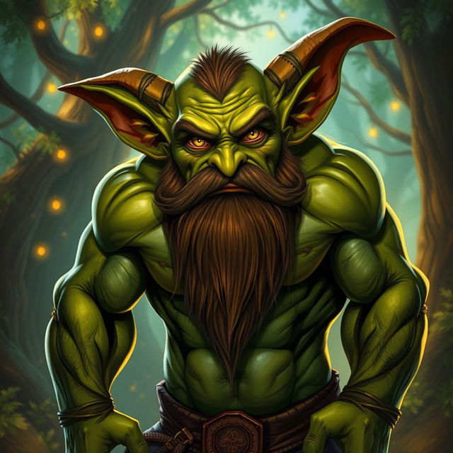 A mature, muscular male goblin with a prominent beard and large ears