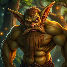 A mature, muscular male goblin with a prominent beard and large ears