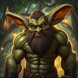 A mature, muscular male goblin with a prominent beard and large ears