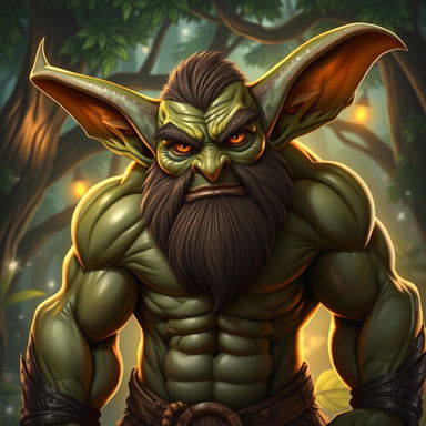 A mature, muscular male goblin with a prominent beard and large ears