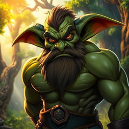 A mature, muscular male goblin with a prominent beard and large ears