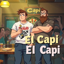 An anime-style scene reminiscent of the 1970s featuring a young, stocky man who is very tall and in poor physical shape, holding a set of darts in his hand