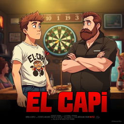 An anime-style scene reminiscent of the 1970s featuring a young, stocky man who is very tall and in poor physical shape, holding a set of darts in his hand