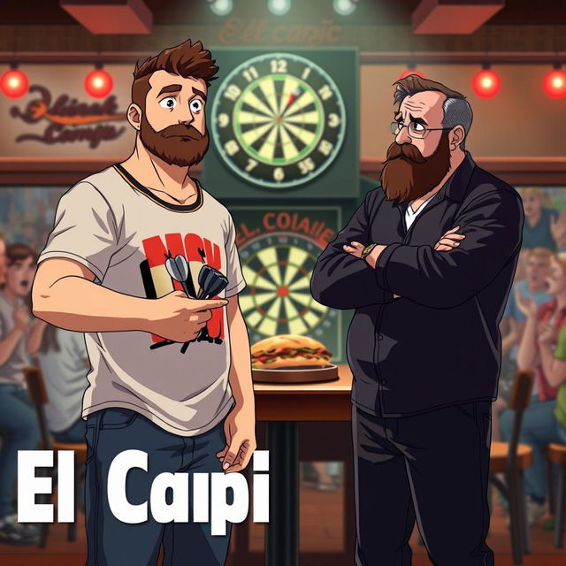 An anime-style scene reminiscent of the 1970s featuring a young, stocky man who is very tall and in poor physical shape, holding a set of darts in his hand